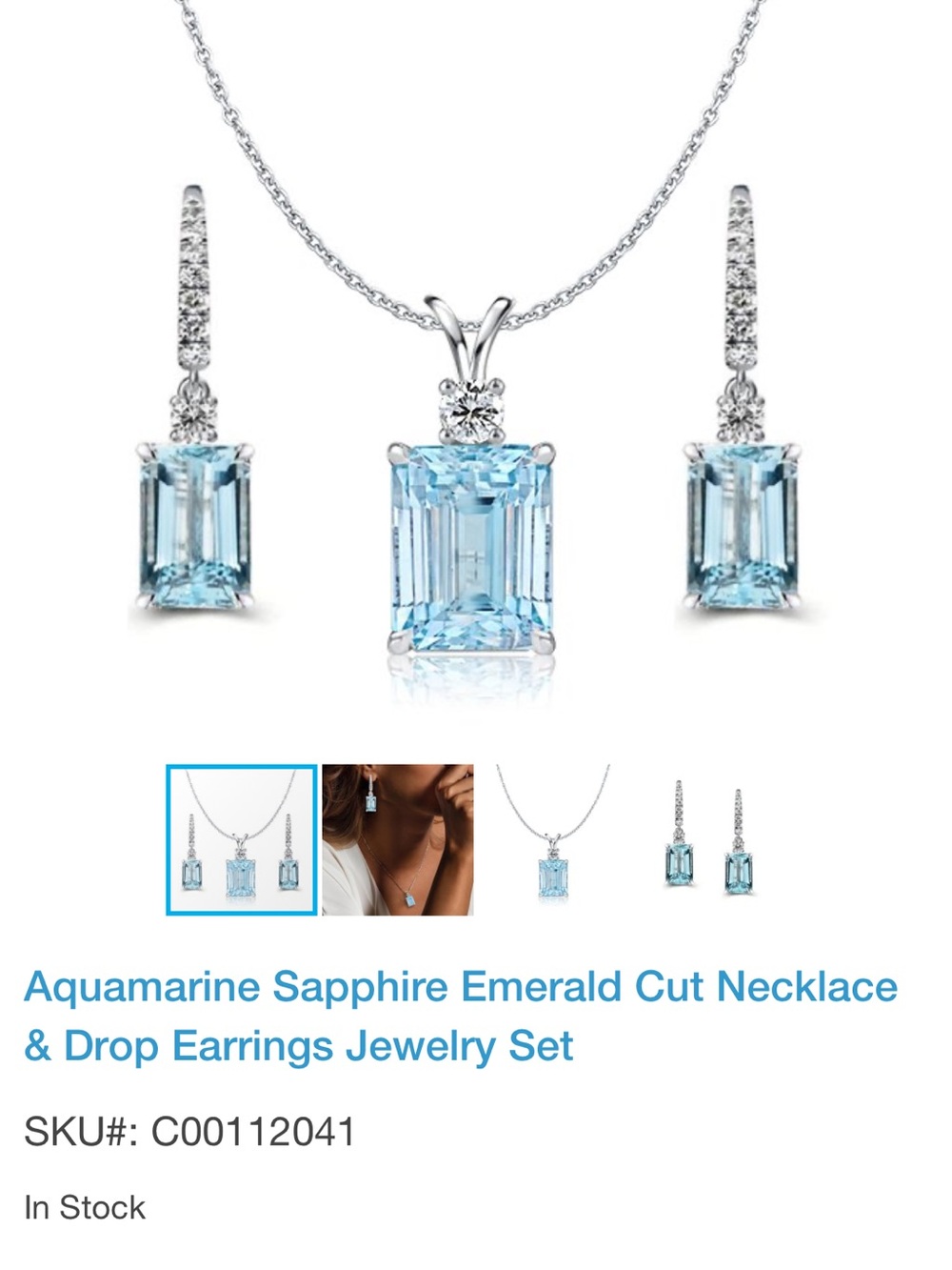Light Blue Aquamarine Emerald-Cut Necklace & Earrings Set - Silver